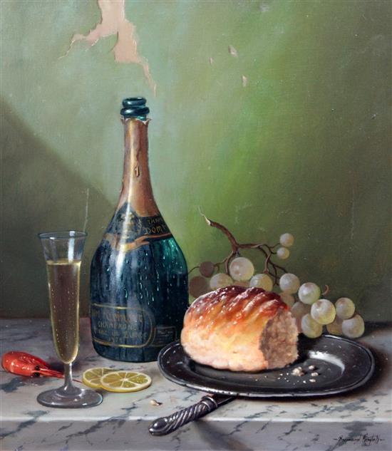 Raymond Campbell (20th C.) Still life with Ruinart Champagne, 18 x 16in.
